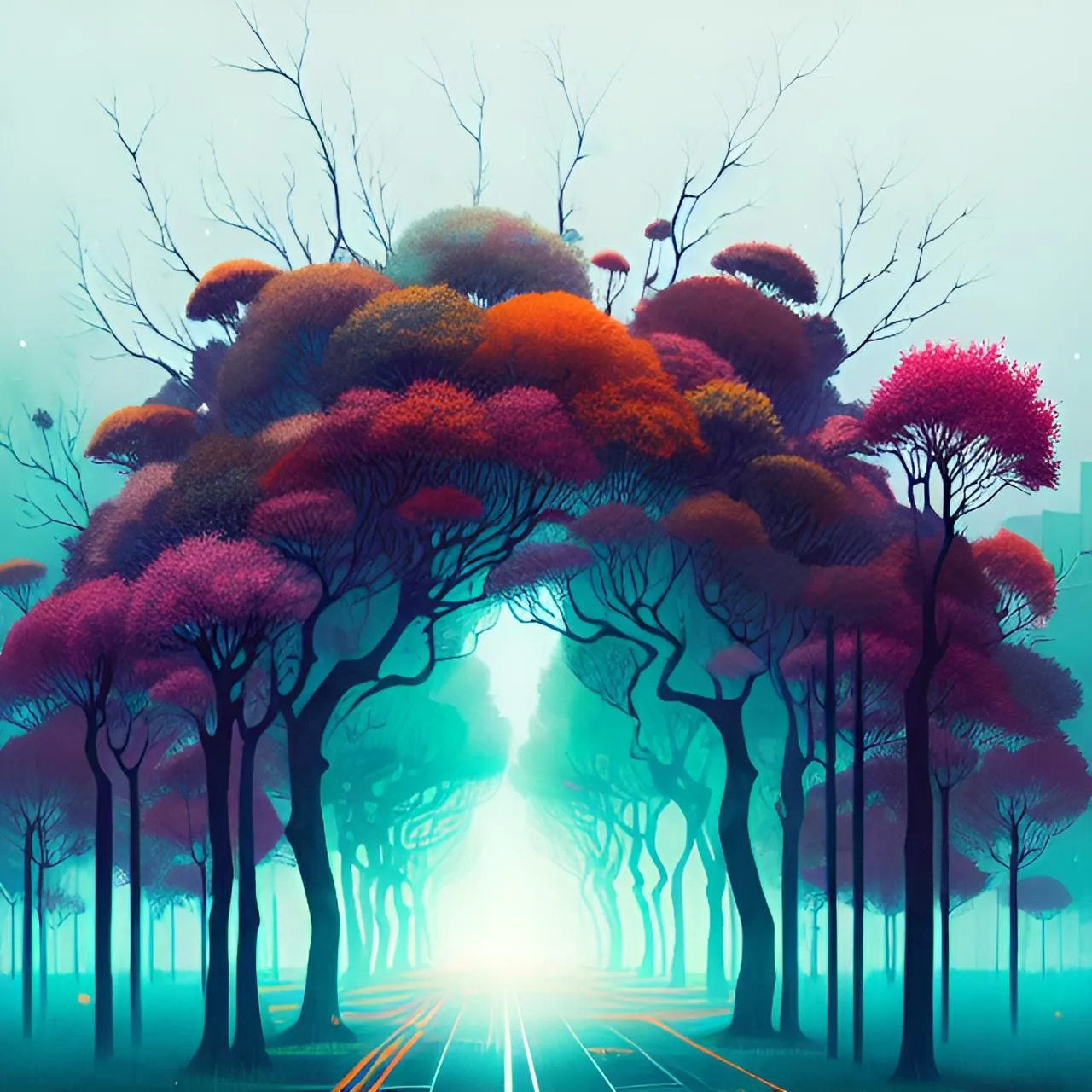 a painting of a forest with a bright light coming through the treei