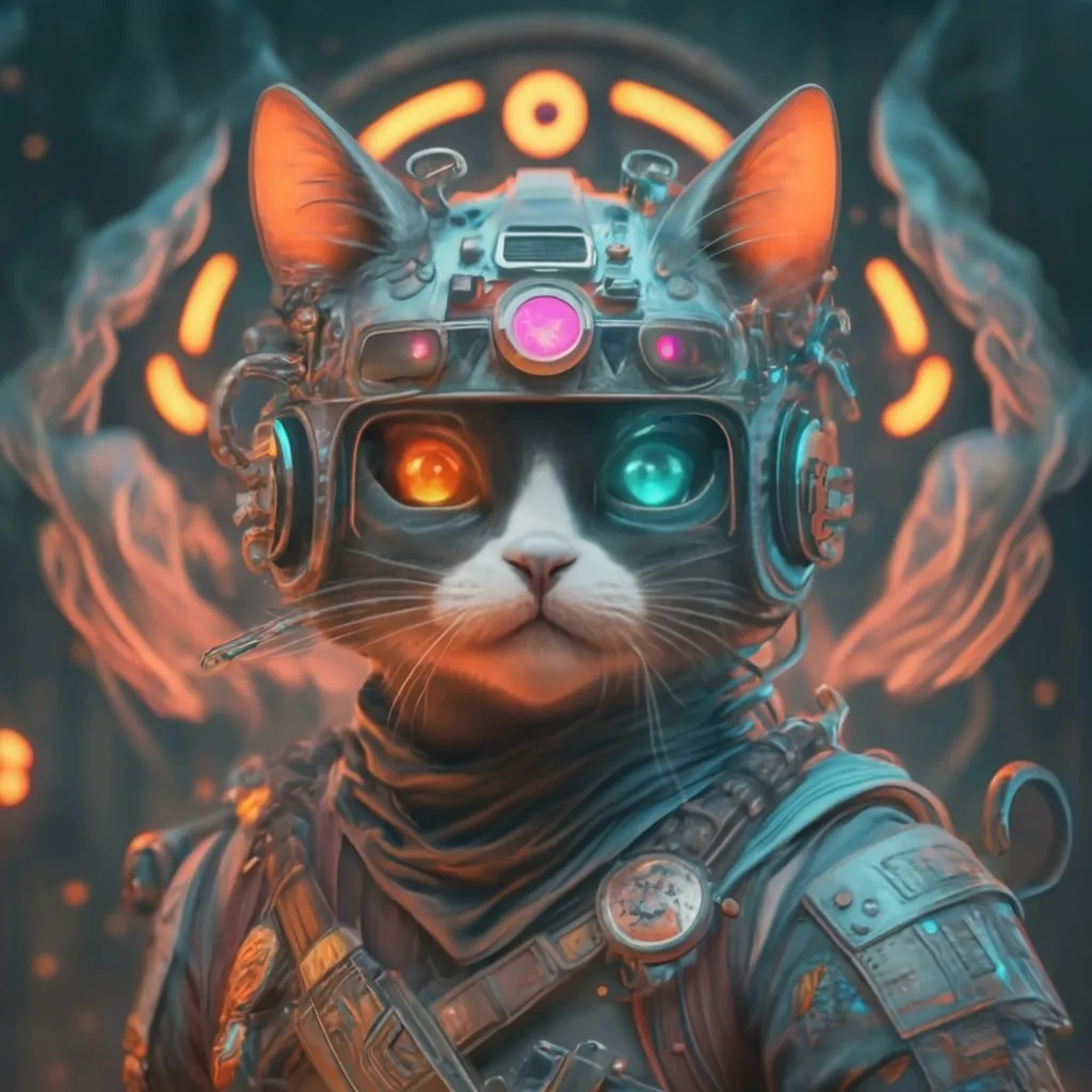 a cat wearing a helmet with glowing eyes