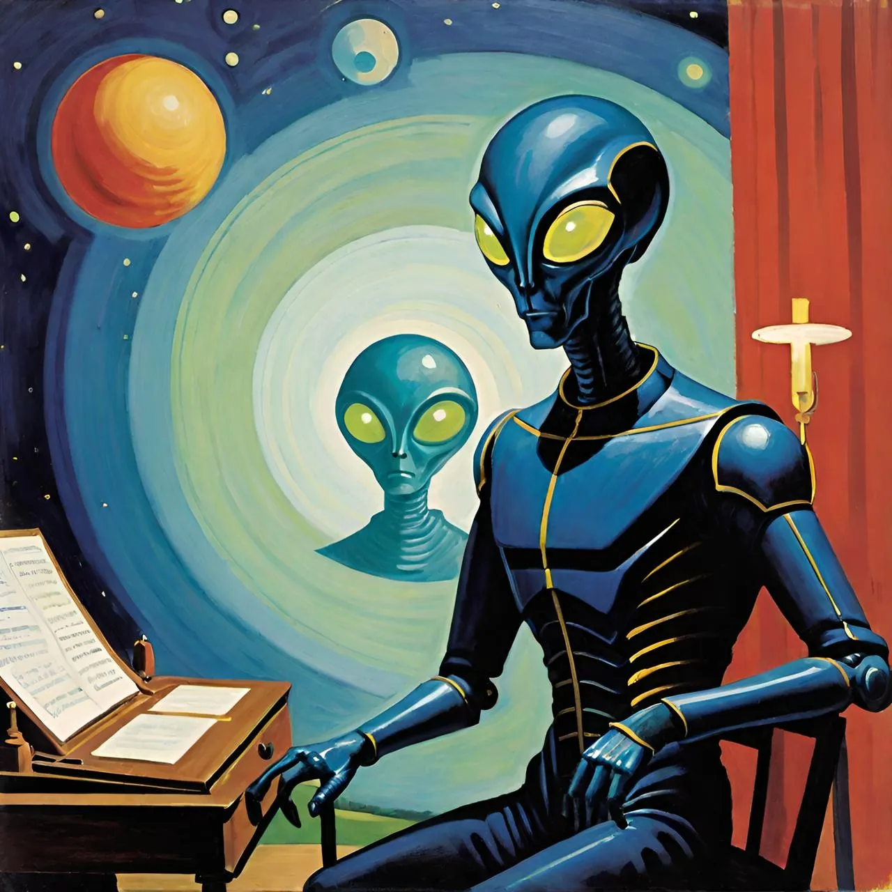 a painting of an alien sitting in front of a piano