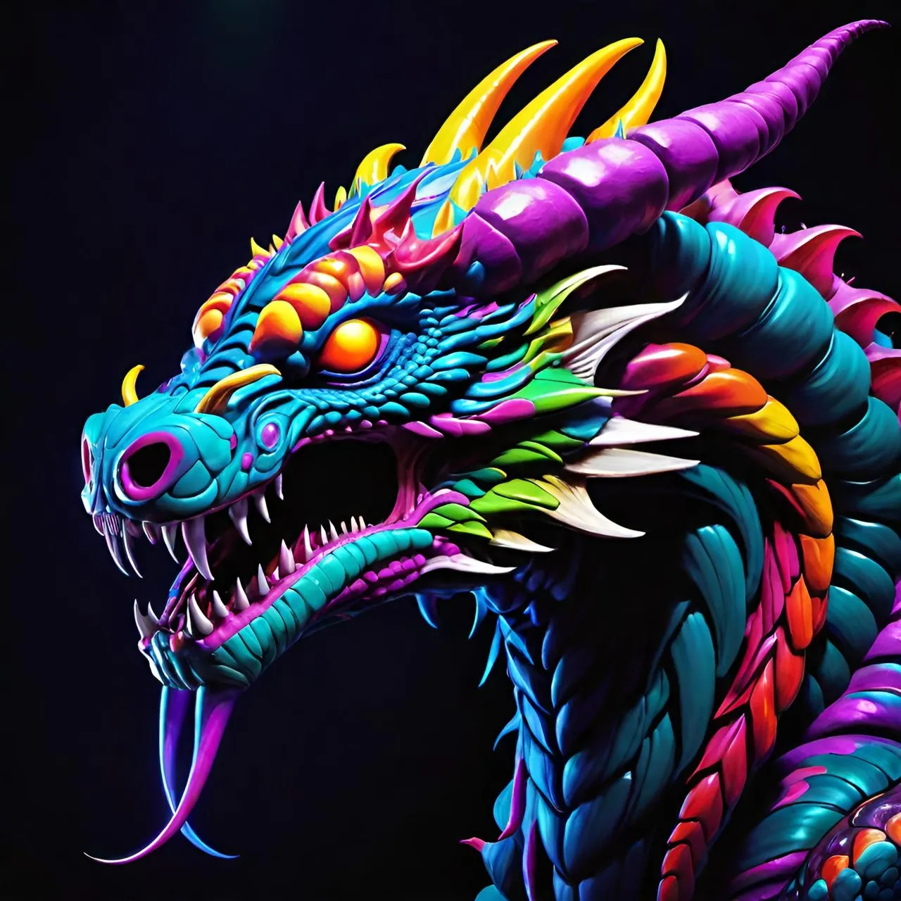 a brightly colored dragon statue on a black background