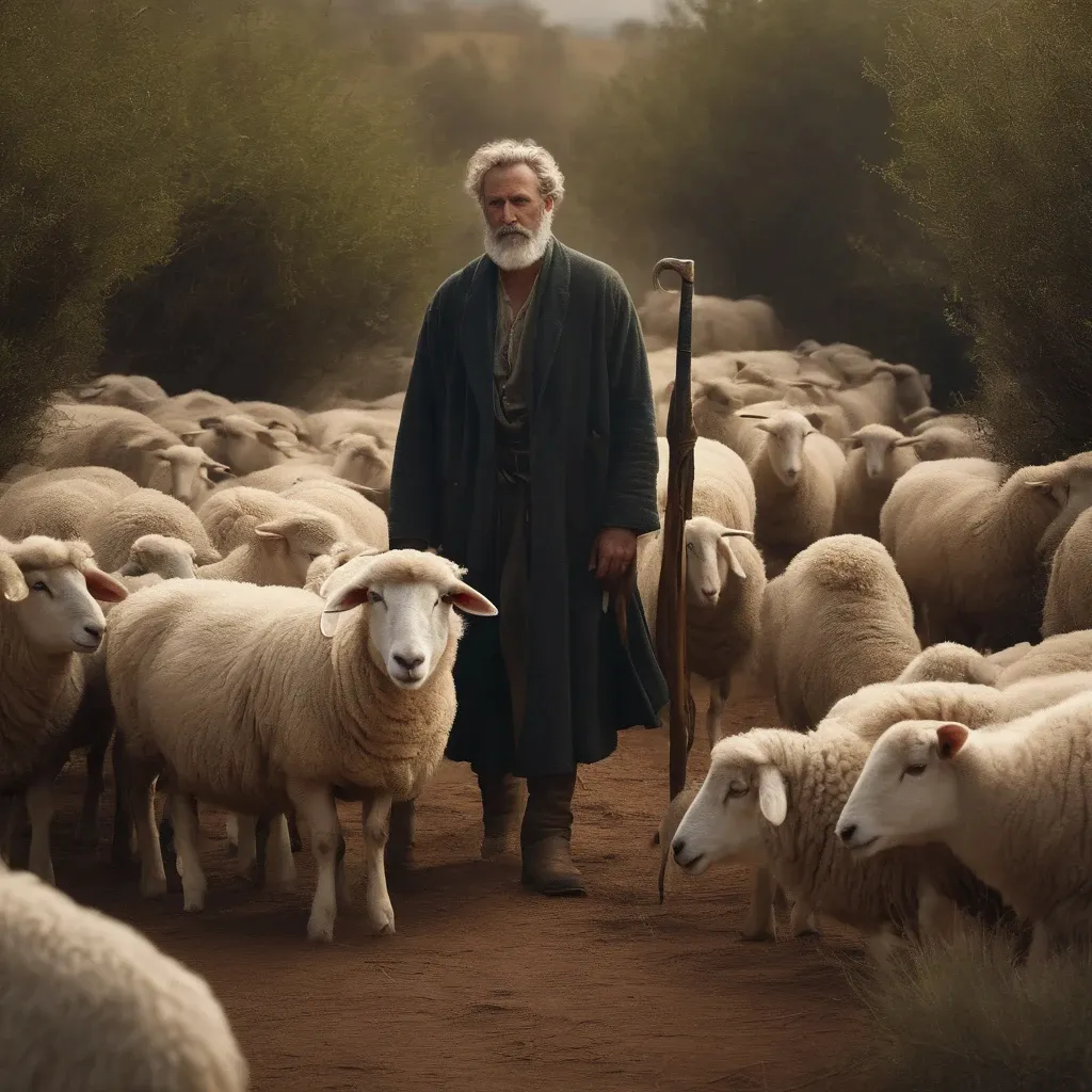 a man standing in front of a herd of sheep