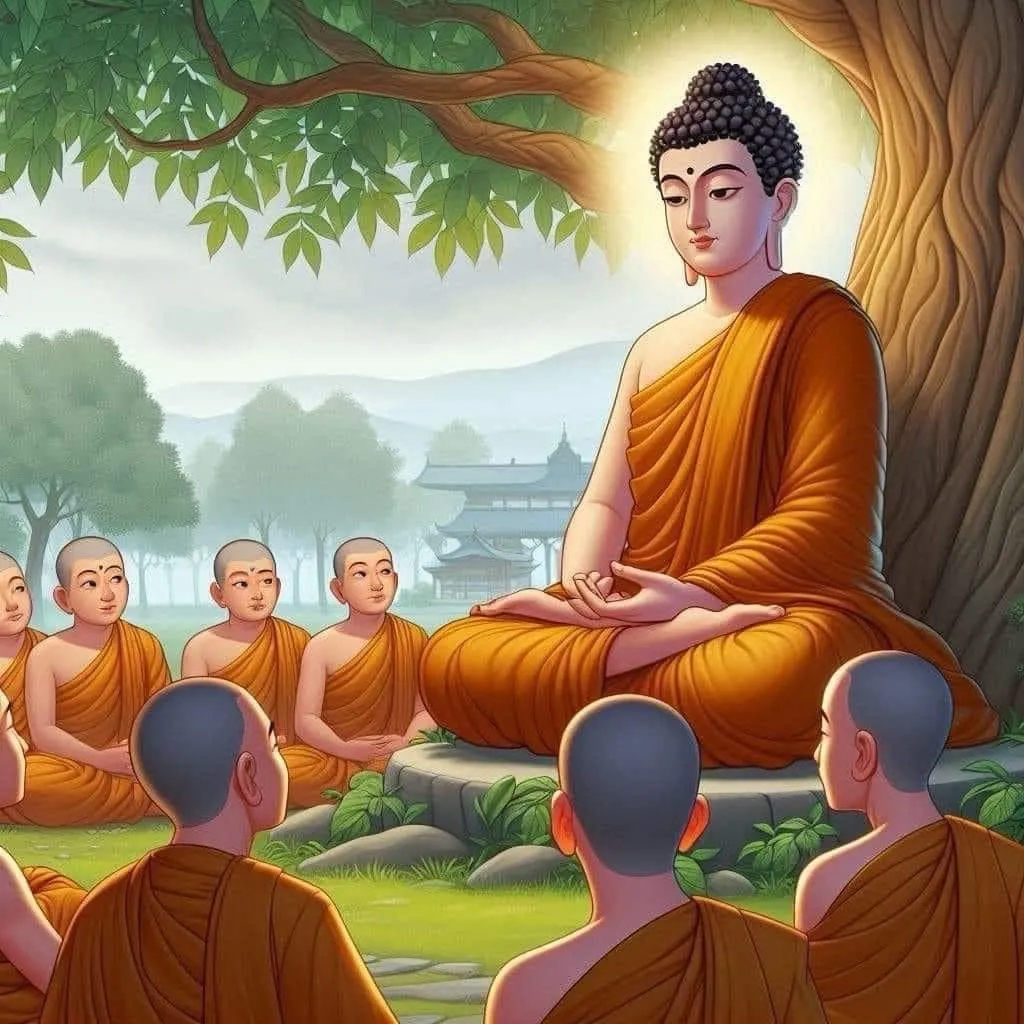 Amitabha sit under tree gathering with his students , advertising style