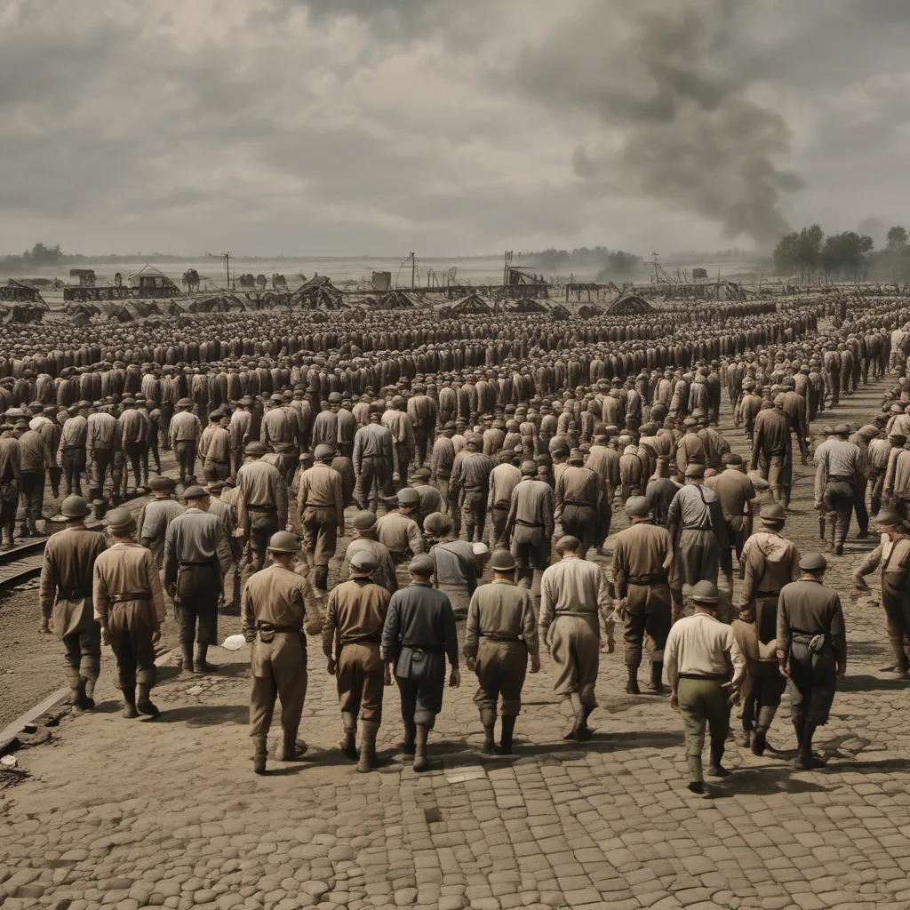 a large group of men walking across a field