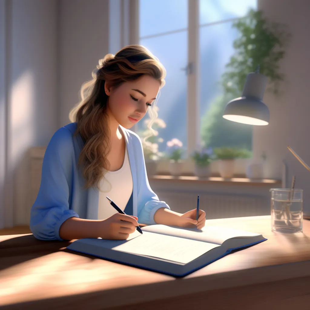 a woman sitting at a desk writing on a book