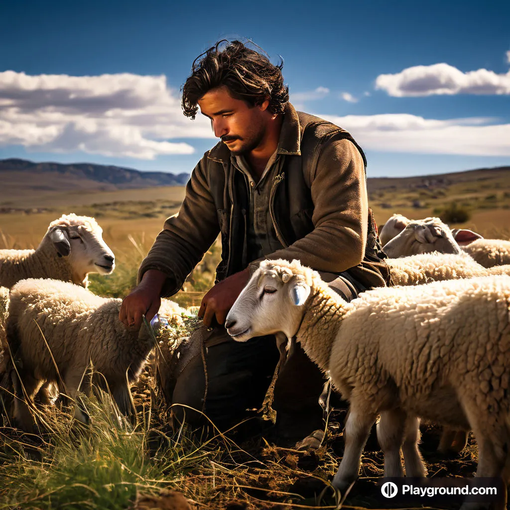 a man kneeling down next to a herd of sheep