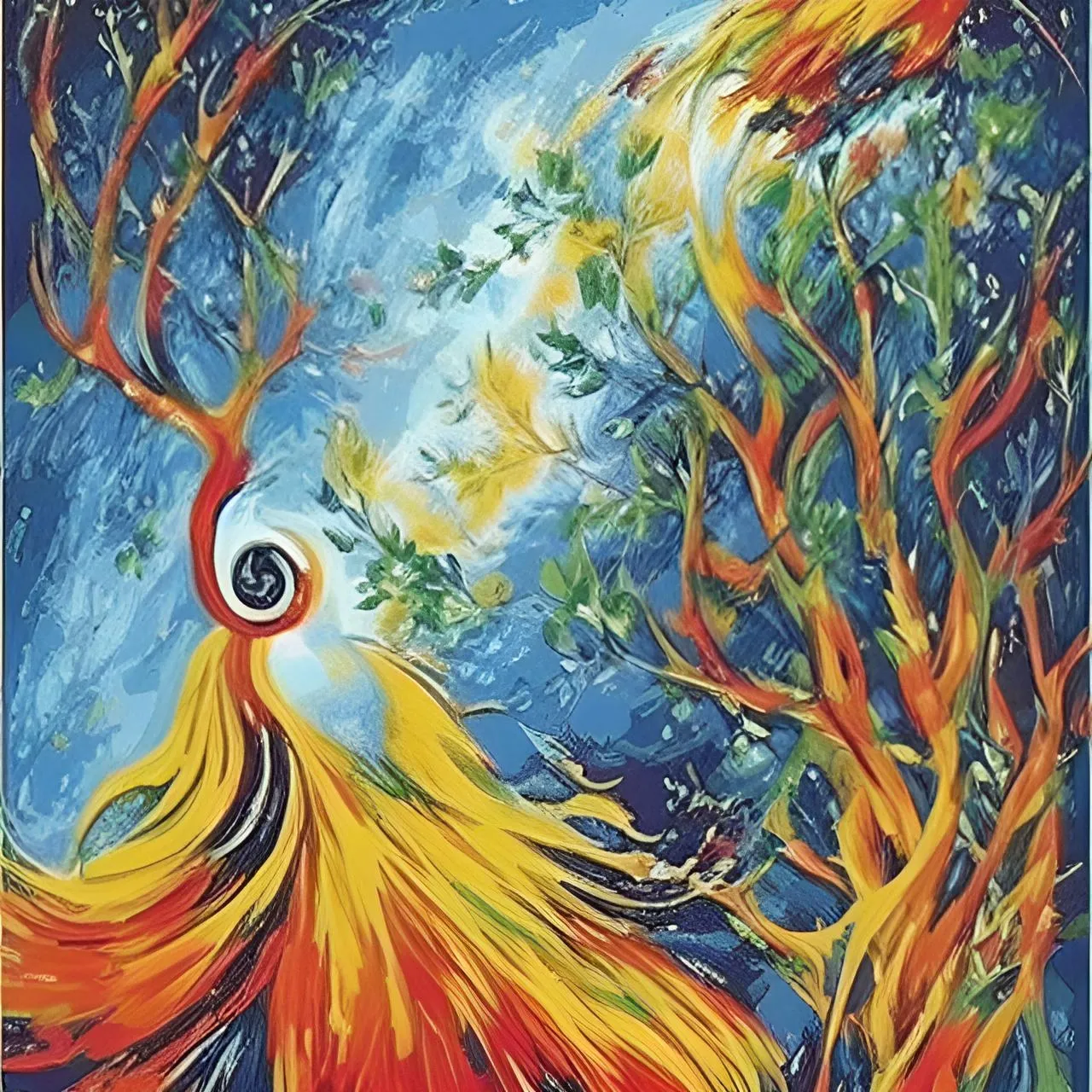 a painting of a peacock in a forest