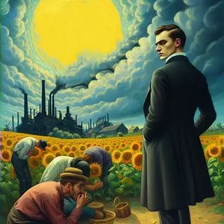 a painting of two men in a field of sunflowers Eating like beggars while the foreman of the sunflower farm looks at them Same style as the impressionism style image 