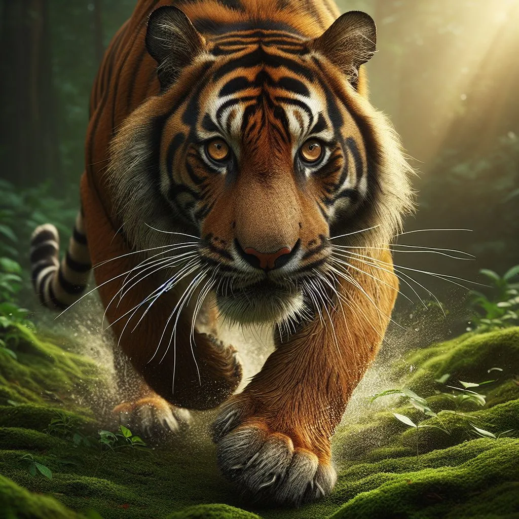 a tiger walking through a lush green forest