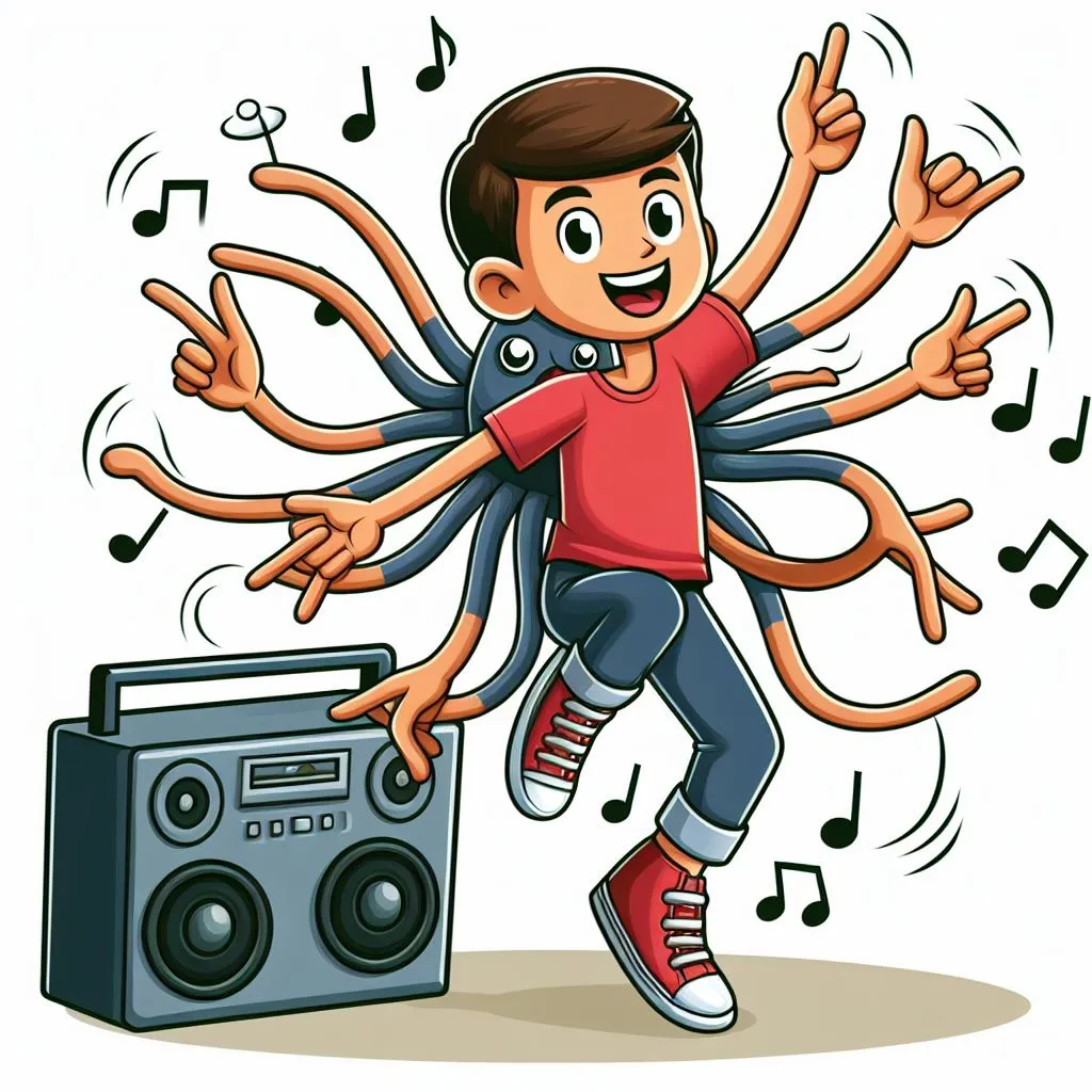 a young boy is dancing with his hands in the air