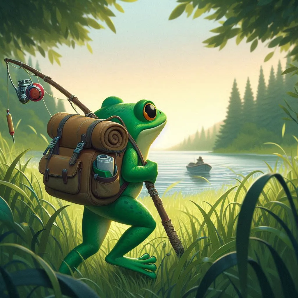 a frog with a fishing pole and a backpack