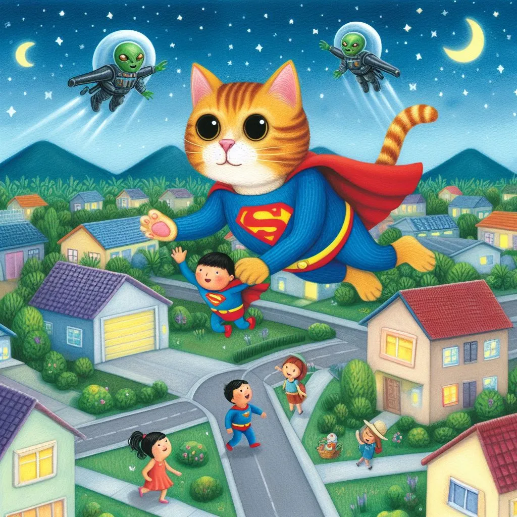 a painting of a cat flying over a small town