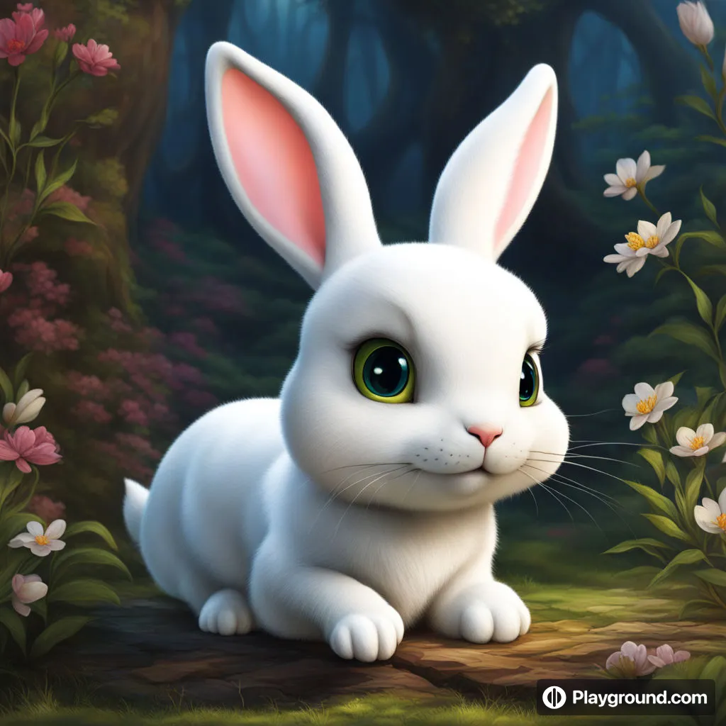 a painting of a white rabbit sitting in a forest