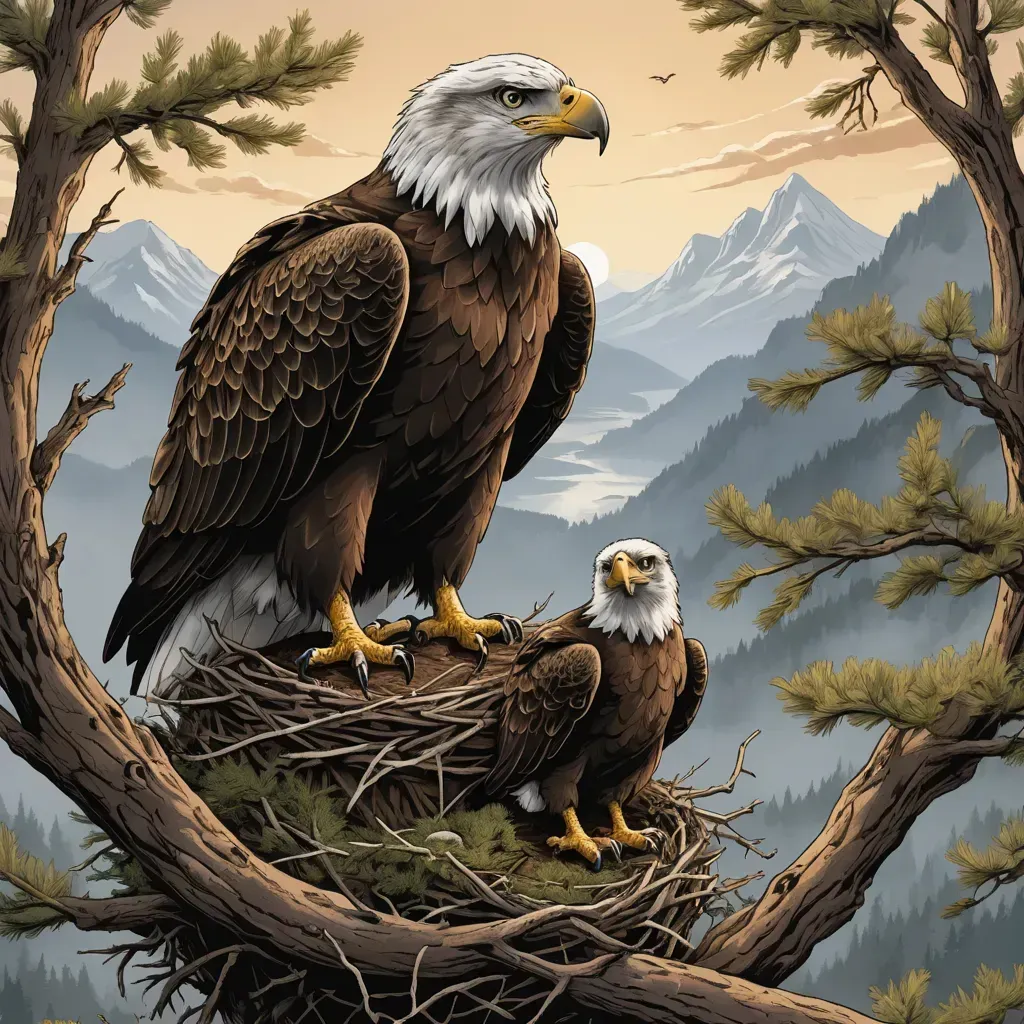 a painting of two bald eagles sitting on a nest