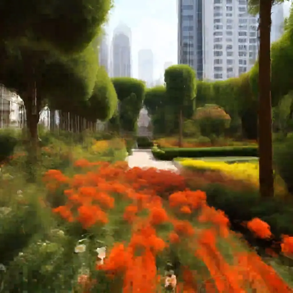 a painting of a park with flowers and trees