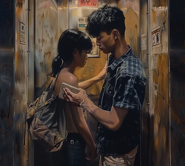 a painting of a man and a woman standing in an elevator