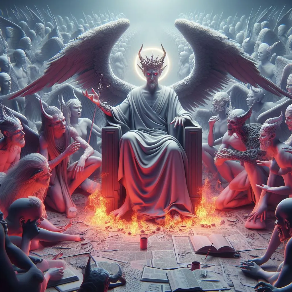 a painting of a demon sitting on a throne surrounded by angels