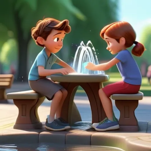 Childrens  helping each other with tasks in the  park with benches and a water fountain, Cartoons style, Pixar style, Disney style, cinema 4D, 8K 