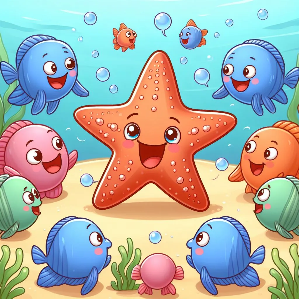 in a sea a cartoon starfish surrounded by other sea creatures and all are jumping 