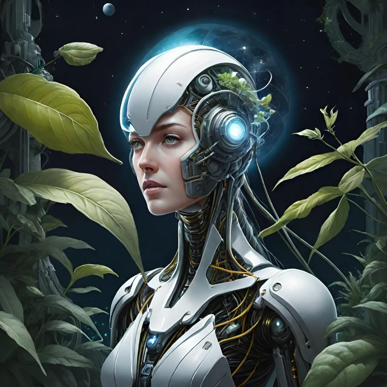 a woman in a futuristic suit surrounded by plants