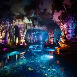 a cave filled with lots of blue and purple lights