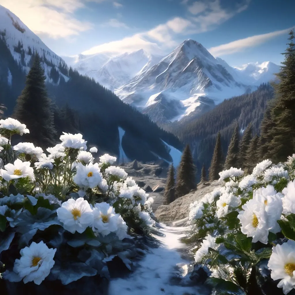 a snow covered mountain landscape with flowers in the foreground