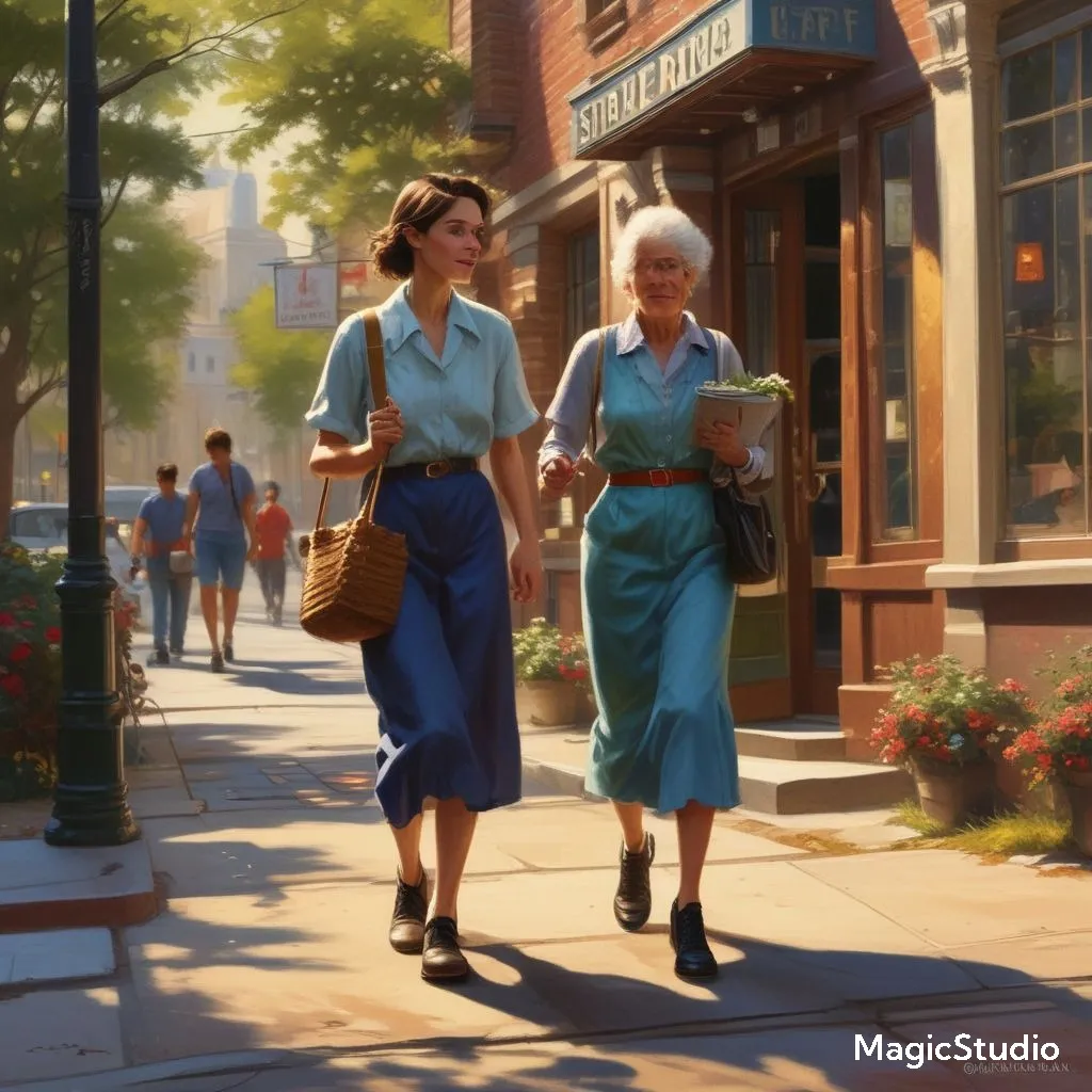 a painting of two women standing down a street talking