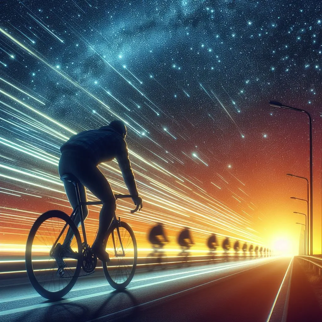 The cyclist pedals along a road while the stars move quickly above him.