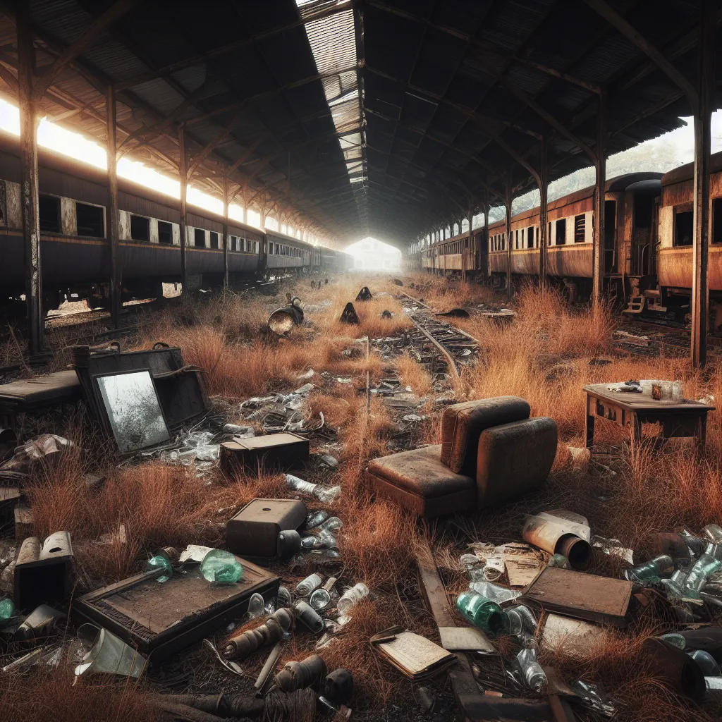 Abandoned railway station from 1800. And rusted old train broken glasses ; dry weed on it . Trash all over the station; homeless people ;camera zooming in