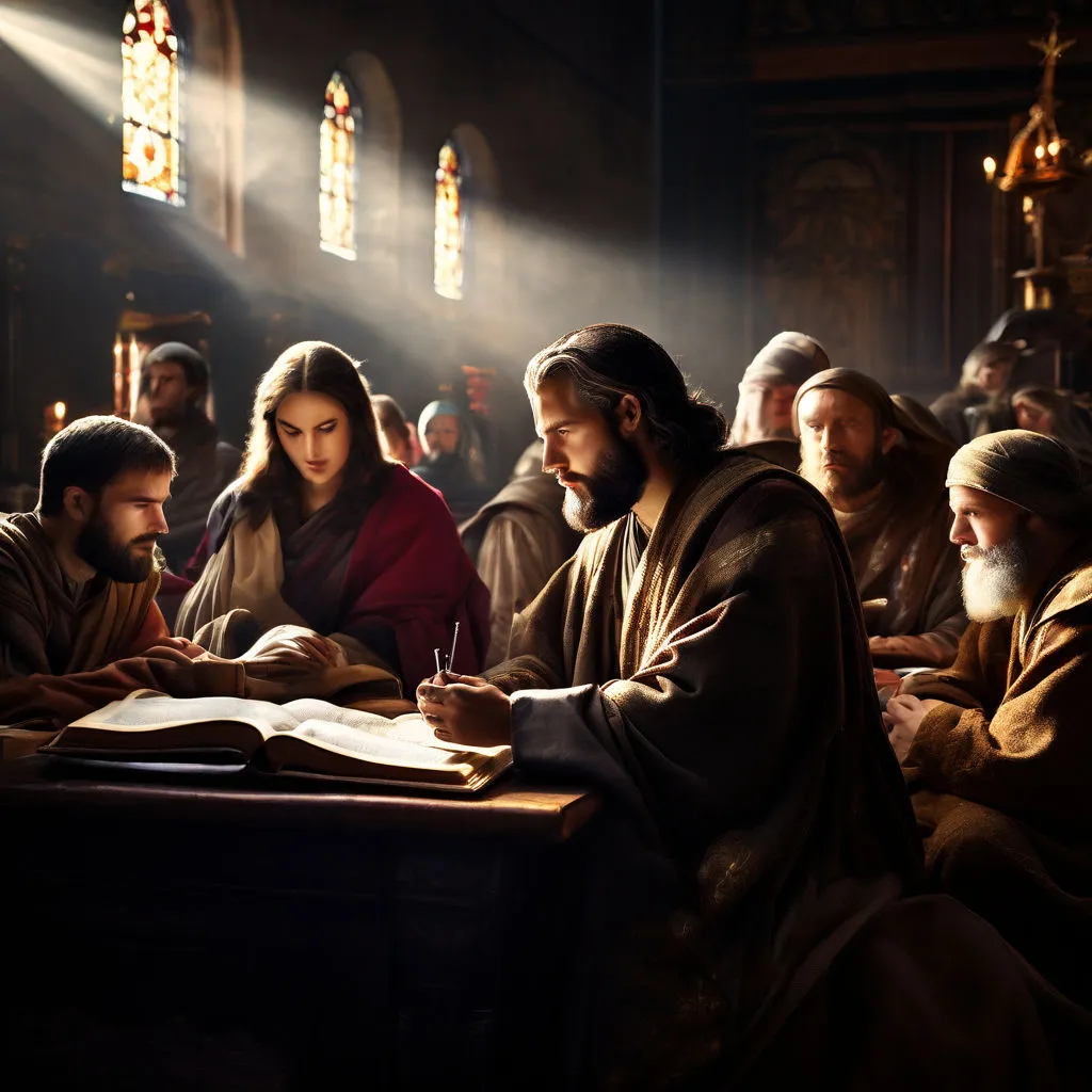 a group of people sitting at a table in a church