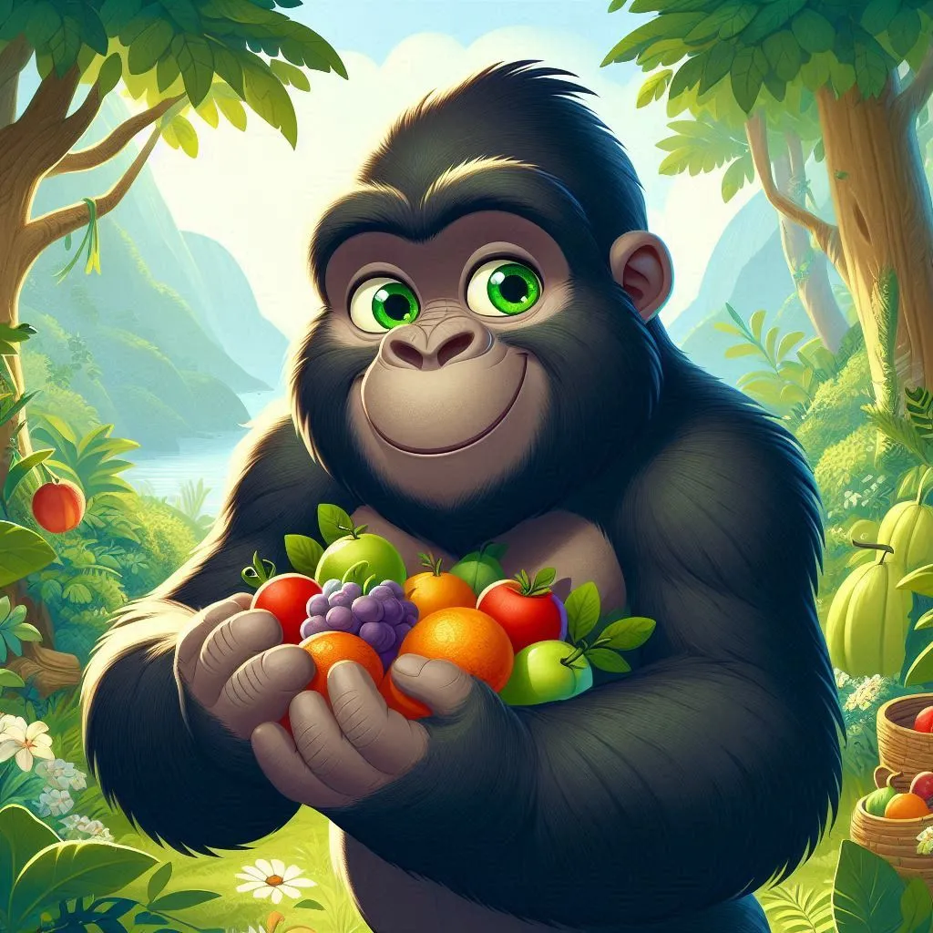 a cartoon gorilla holding a bunch of fruit