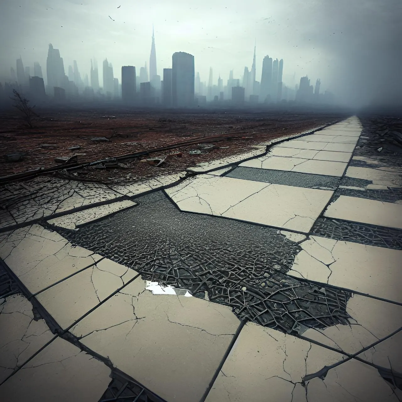 a cracked road with a city in the background