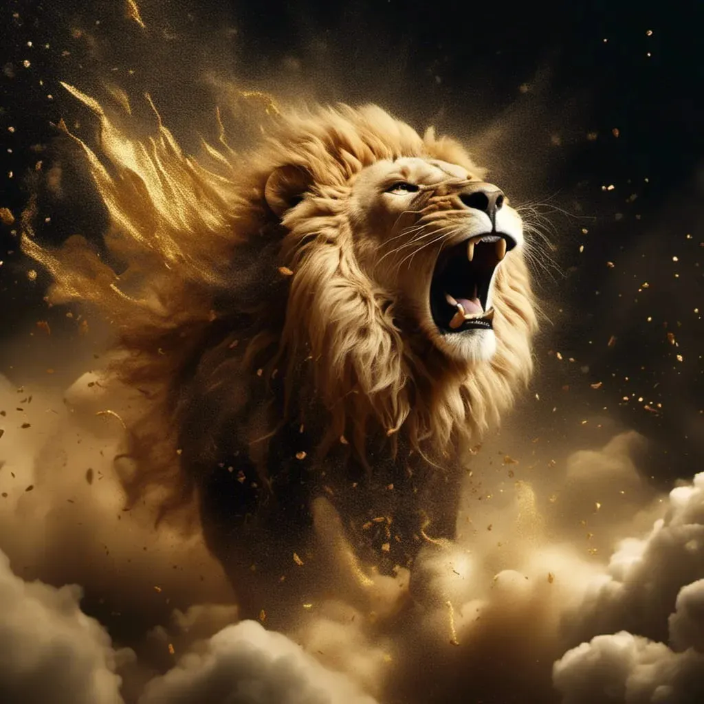 a lion with its mouth open in the clouds