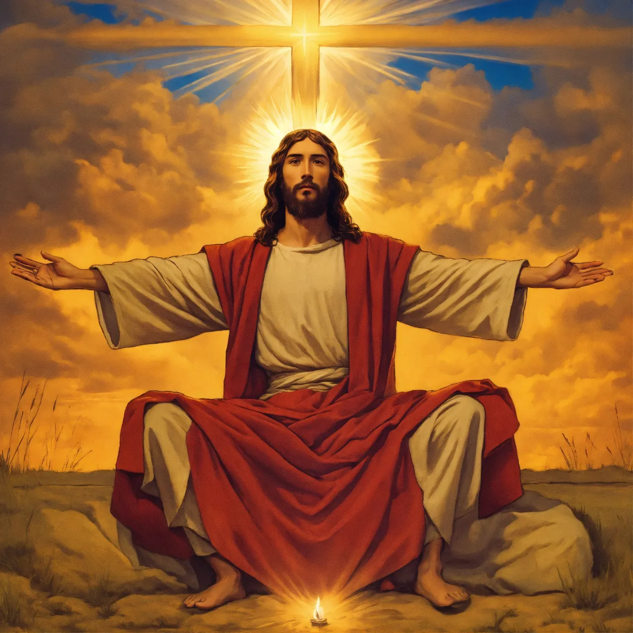 a painting of jesus sitting on the ground with his arms outstretched