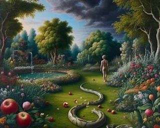 a painting of a man walking through a garden