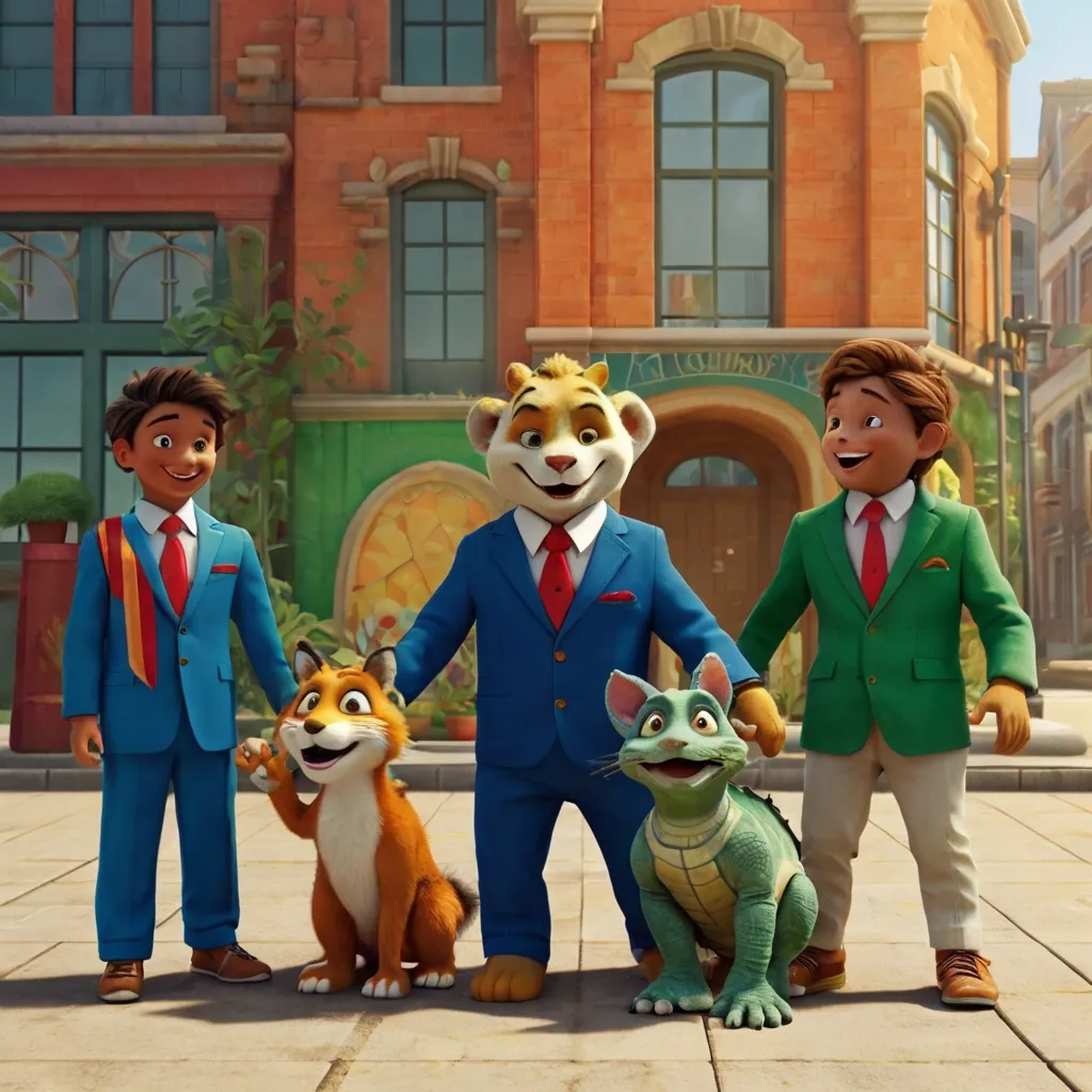 a group of people and animals standing next to each other in front of a building, happy, moving and talking to each other