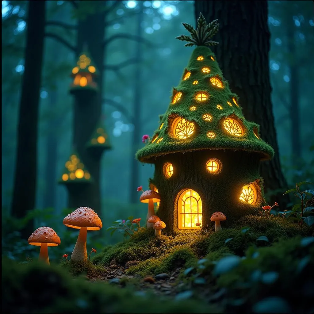 A glowing mushroom house surrounded by a lush night garden, fireflies flickering in the background