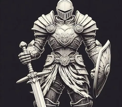 a drawing of a knight holding two swords