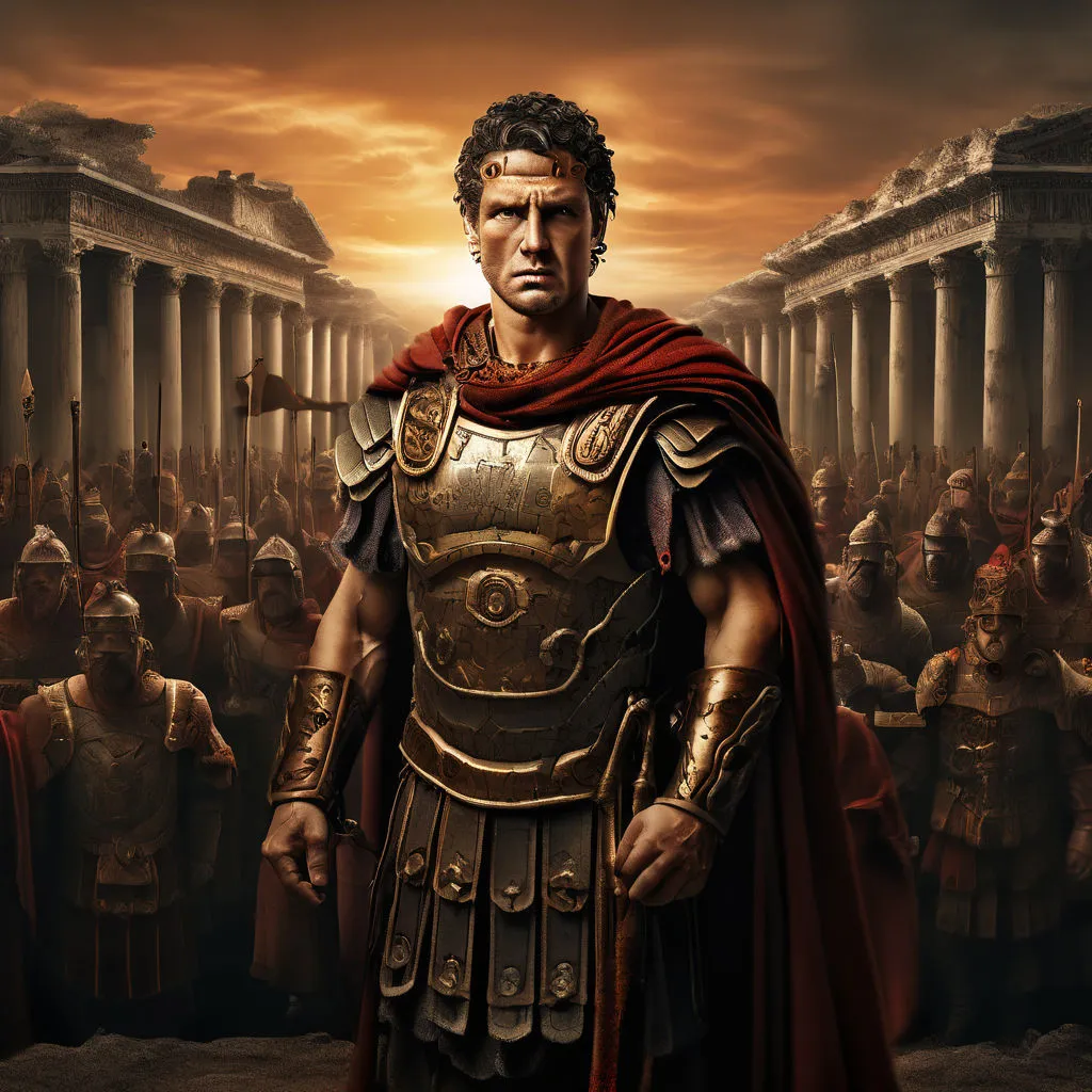 a man in a roman costume standing in front of a crowd of people