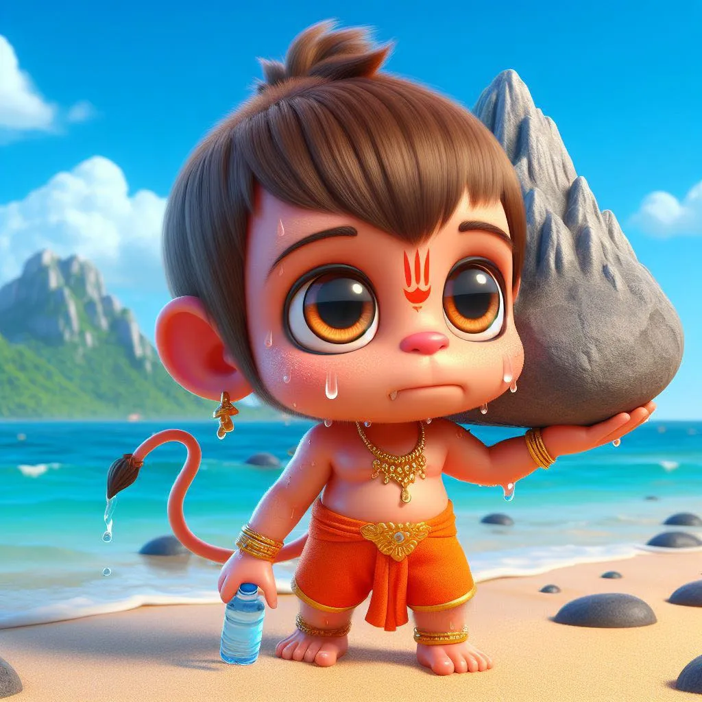 a hanuman cartoon character holding a rock on a beach