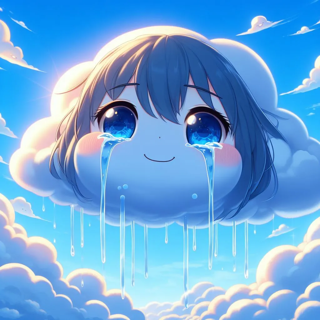 an anime character with blue eyes and a cloud in the sky