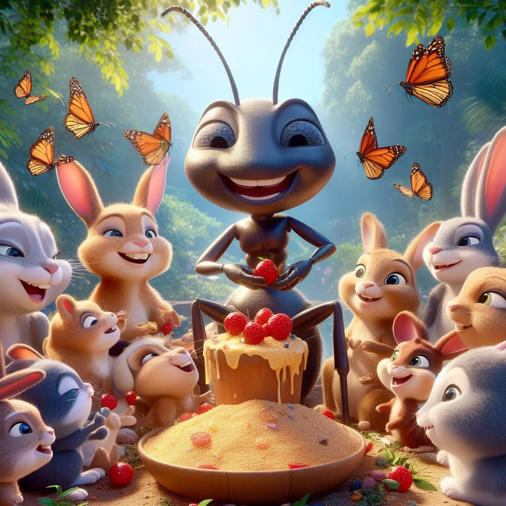 a cartoon character surrounded by rabbits and a cake