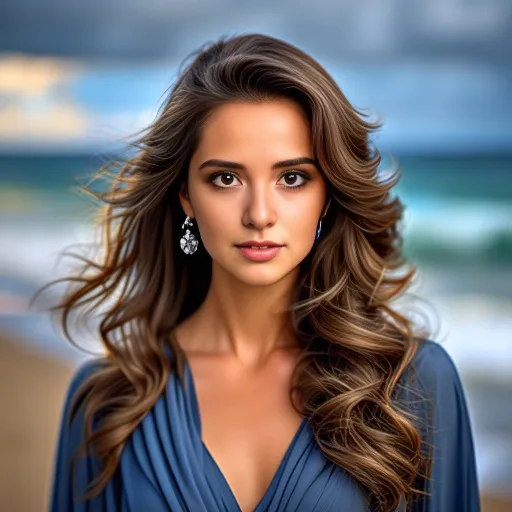 a woman in a blue dress standing on a beach