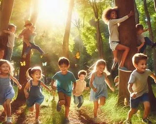 a group of children running through a forest