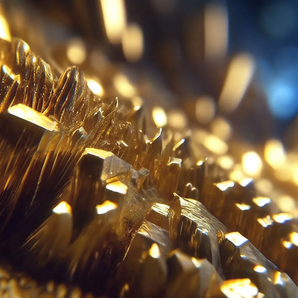 Close-up of a metal object covered in shimmering salt crystals, bokeh background with warm tones