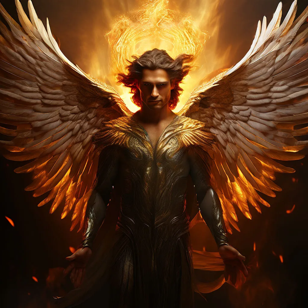 a man with wings standing in front of a fire