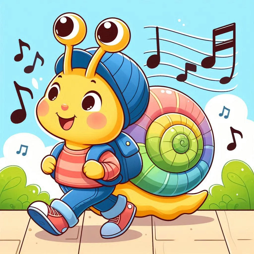 a cartoon snail with music notes on the background