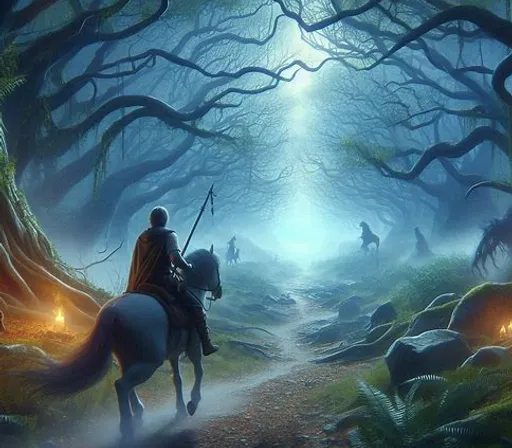 a painting of a man riding a horse through a forest