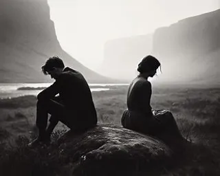 a couple of people sitting on top of a rock