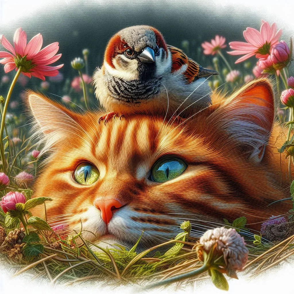 a painting of a cat and a bird sitting on top of each other