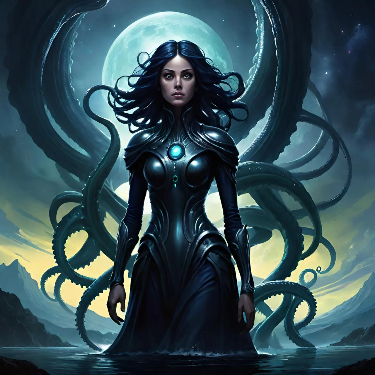 a woman in a black dress standing in front of an octopus